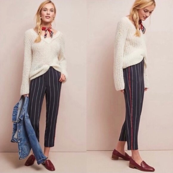 Ett: Twa | Anthropologie Colette Striped Crop Trouser Pant in Navy | Size Small - Picture 1 of 15